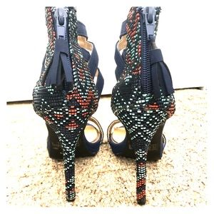 Navy and coral open toe heels